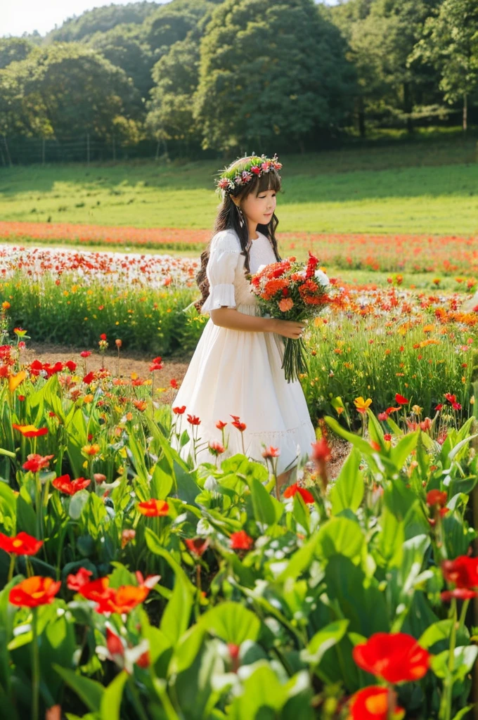  in red and white dress holding bouquet of flowers, girl in flower, pick flowers, have flowers, picking up a flower, girl standing in a flower field, girl standing in a flower field, Flowers on the cheeks of heirs, girl in flower field, girl in flower fieldの肖像画, Girl Walking In The Forest, Girl with flower head