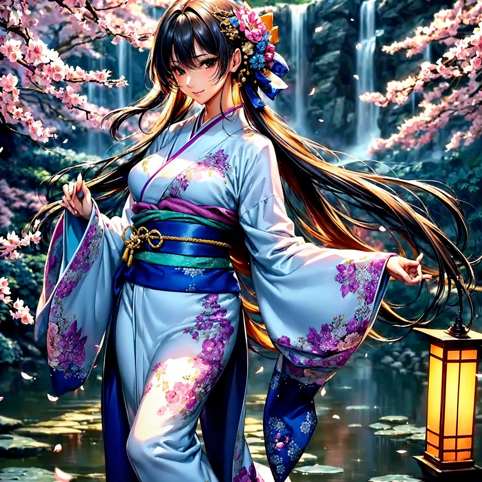 (highest quality、masterpiece、very high resolution、ultra high resolution.High resolution detail 1.5)、(A woman with perfect and ultimate beauty:18-year-old,bright smile,beautiful body、beautiful face)、(There are many variations of hairstyles,The bangs are neatly arranged,Long straight side hair,beautiful hair quality),(Beautiful breasts with a slender body shape:F cup,beautiful hair texture,Beautiful skin texture)、((Wearing a Japan kimono:pattern and color,Kimono with long obi and large sleeves)),(Fantastic waterside,There is a waterfall,Night cherry blossoms and lanterns,mysterious night sky、beautiful scenery),(The wind is blowing,My hair, obi, and long sleeves flutter due to the wind.,beautiful pose,model shoot),realistic portrait、realistic textured skin、(highly detailed images、accurate image、Perfect Image 1.5)、beautiful anime woman, beautiful art style, anime character、Overall image、accurate ???????、Image without defects、natural soft light、beautiful images、(best shot,RAW photo)