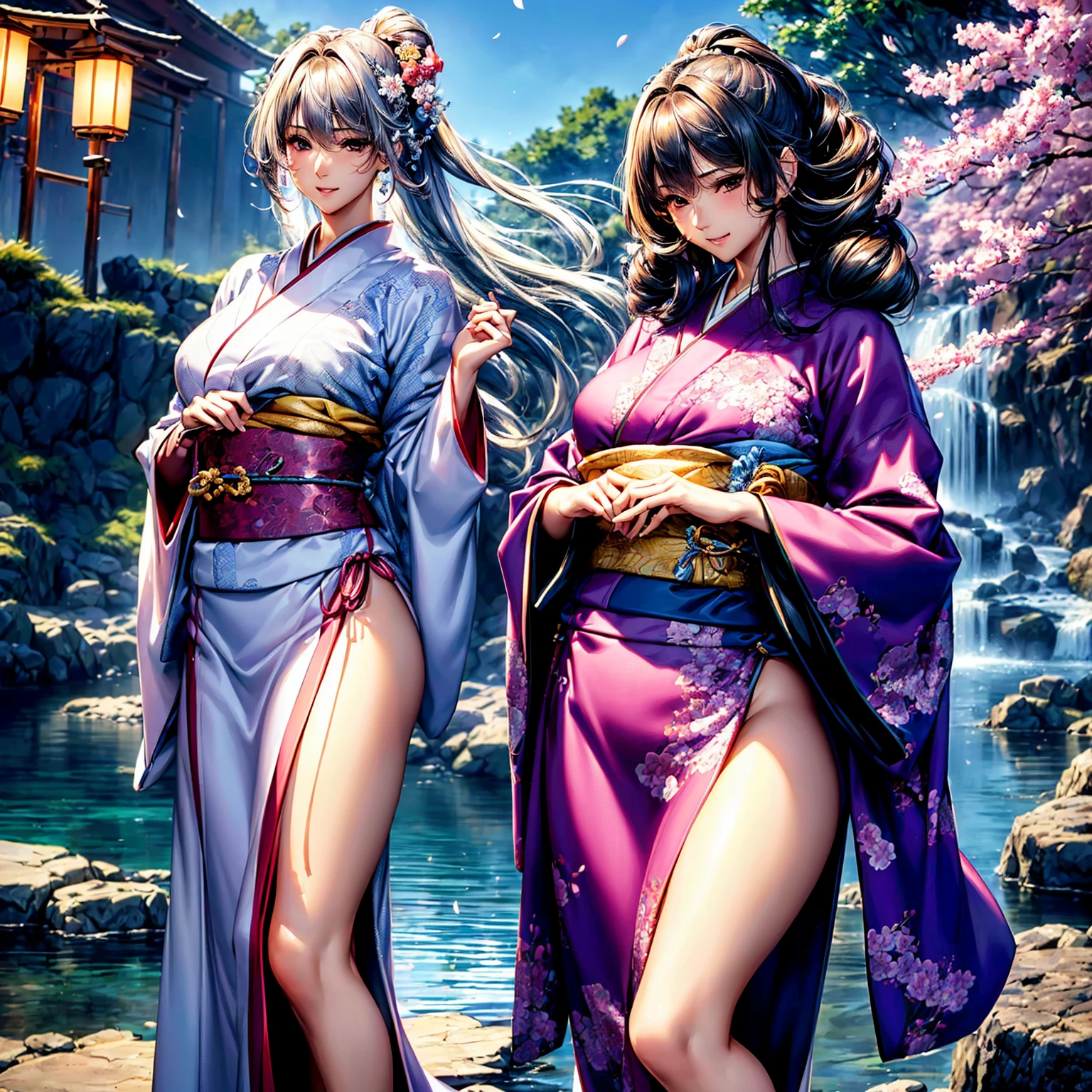 (((Highest quality、masterpiece、Highly detailed images,Very high resolution)))、(A woman of perfect and ultimate beauty:18-year-old,Beautiful Face:smile、Beautiful Hair:Japan hair ornament、Beautiful body:Slender and beautiful breasts、Best skin and hair texture)、(Beautiful Japanese Kimono:Japanese patterns and colors:The sleeves and obi of the kimono are long,Shoulders are exposed,I can see her cleavage,I can see your thighs,whole body),Mystical Waterfront:There are beautiful cherry blossoms and waterfalls,Wonderful night sky and beautiful full moon,Beautiful views,Beautiful colors、Beauty Painting,((Beautiful pose,Various angle model shooting)),Overall image、Accurate anatomy:1.2、Accurate Images:1.2、Highly detailed images、Perfect image、Flawless images、Natural soft light、Beautiful images、(Best Shot,RAW Photos)