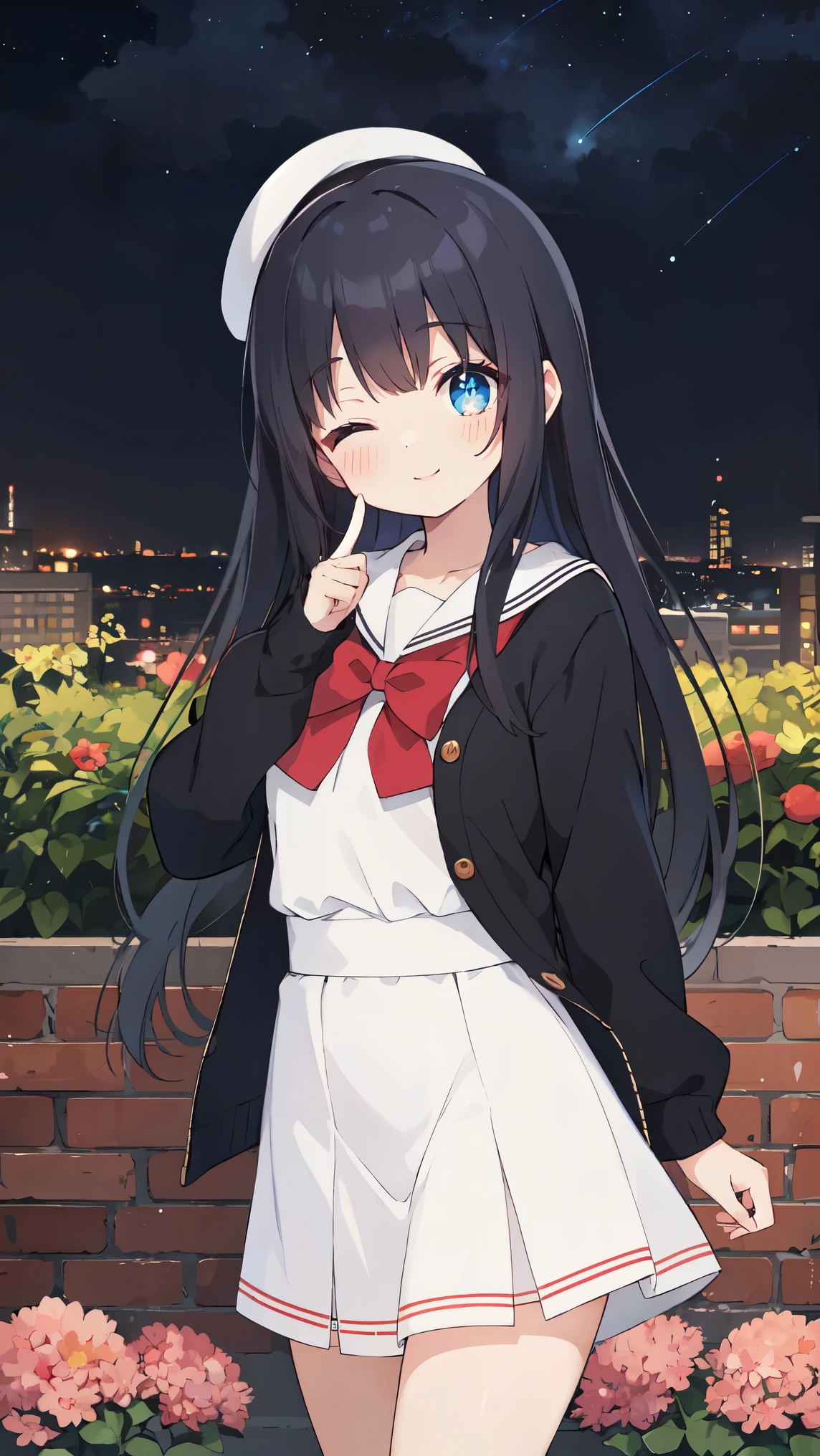 masterpiece, highest quality, UHD, Anime girl with long black hair wearing a beret, happy smile, both eyes closed, small breasts, (Raise your index finger and place your hand in front of your mouth), sailor suit, cardigan, anime style 4k, beautiful anime portrait, anime moe art style, High quality anime art style, anime style portrait, Gweiz, artwork in the style of Gweiz, detailed digital anime art, anime art wallpaper 8k, cute anime girl portrait, garden, night sky