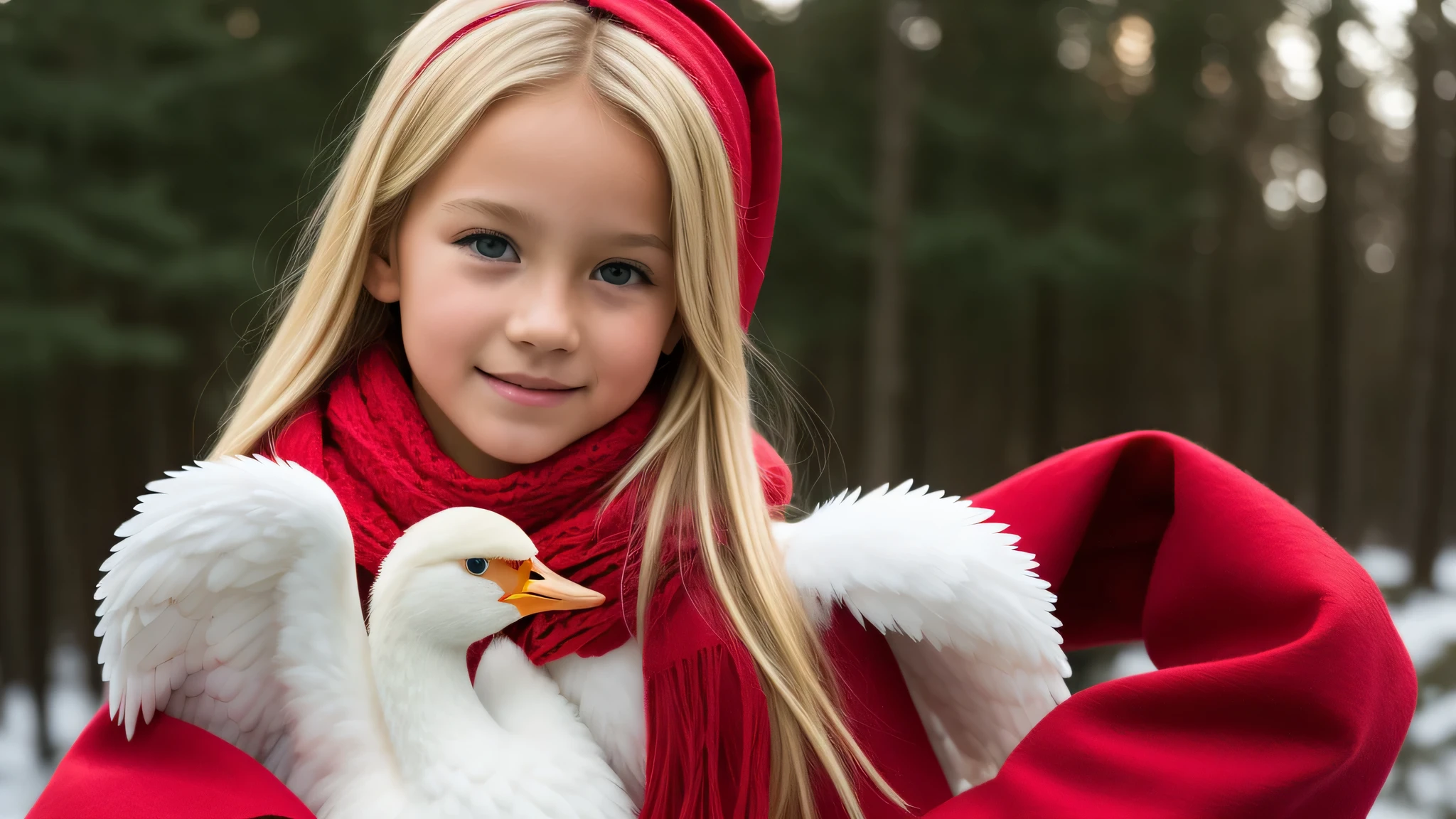 BLONDE 10 YEAR OLD , with red scarf, Asas de Anjo, cisne-negro.