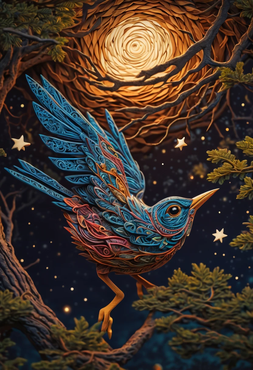 A newborn bird, abnormally fat, falls from its nest located in a tree. The chick plummeting through the air in a forest under a starry sky. The scene is depicted with intricate zentangle details, resembling origami. The artwork evokes a cinematic, emotional, and epic atmosphere. The colors showcase a vibrant and vivid palette, and the lighting creates a dramatic effect, casting shadows and illuminating the surroundings. The resulting image is of the best quality, ensuring high-resolution details and a masterpiece-worthy outcome. ,....by my self...lol