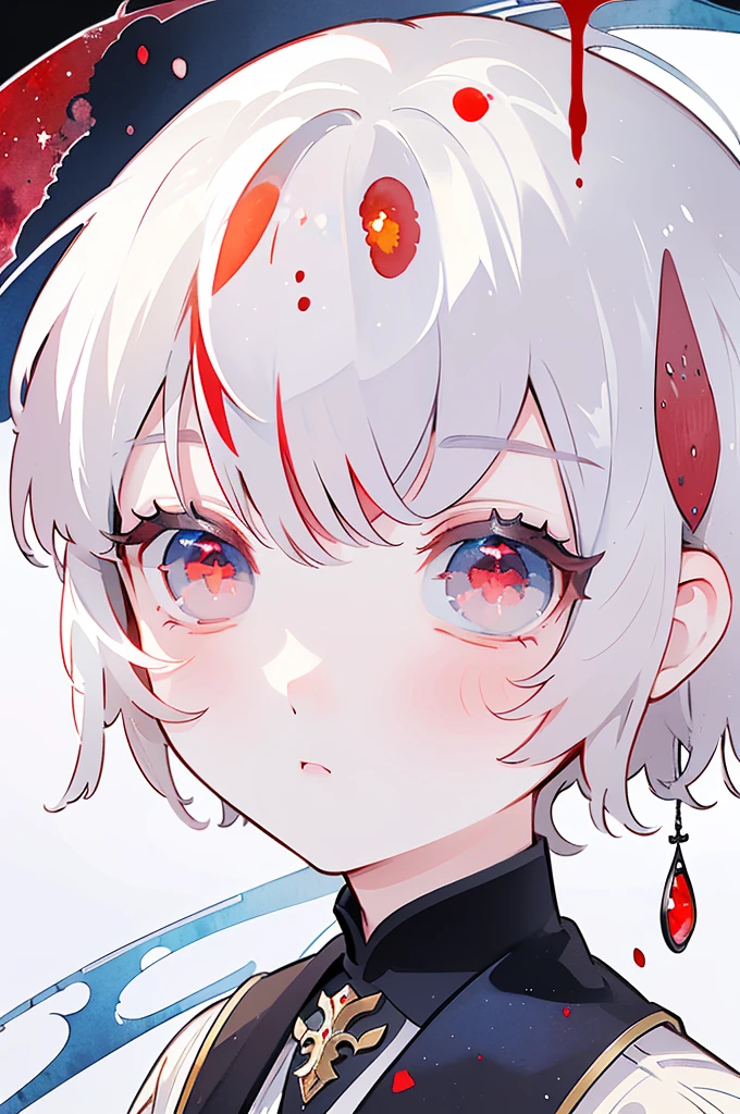 (masterpiece:1.2, highest quality), (Beautiful detailed eyes: 1.2), ((1 boy)), (red eyes:1.4), (small eyes and small face:1.3), ((short white hair boy)), (beautiful and clear background:1.2), (Very detailed CG, super detailed, best shadow:1.1), ((Depth of bounds written)), ((watercolor)), beautiful concept figure, (orange background:0.5), (figure:1.1), (very detailed and beautiful:1.1), (perfect details:1.1), From before, cowboy shot, scenery