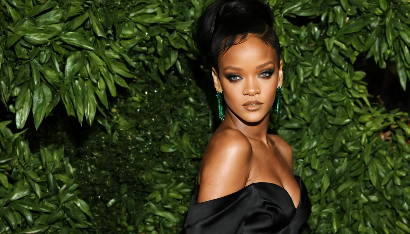 beautiful young lady (Rihanna), (22 anos), long en robe Green de soie noire et avec de la fumée noir à la place du haut du visage. Debout sur un îlot rocheux flottant dans l'espace devant un arbre avec des yeux à la place des feuilles.