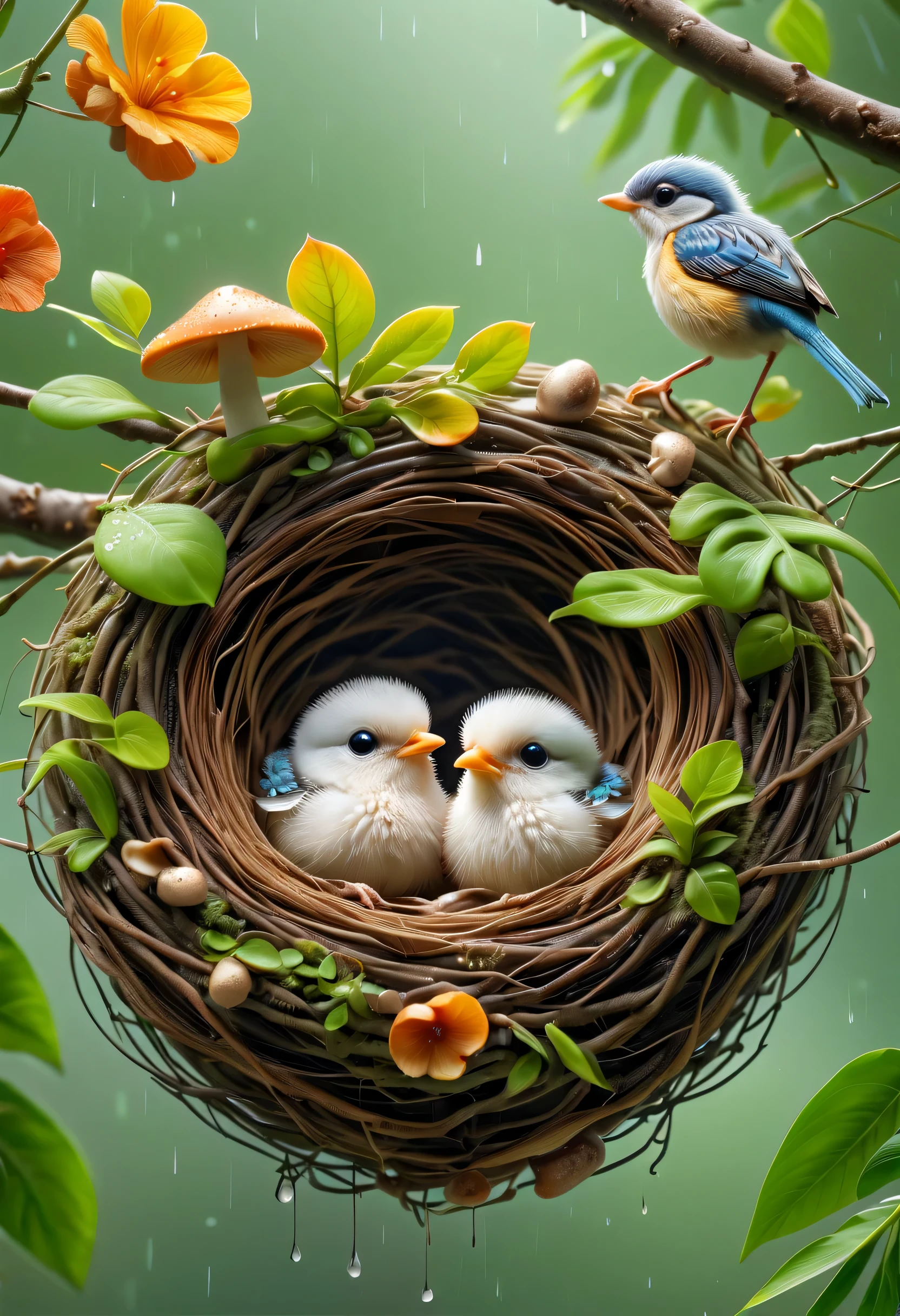 （best quality，4K，8k，high-rise，masterpiece：1.2），super detailed，lifelike，clear focus，human development report，ultra high definition，studio lighting，main，spring，Beautiful nest in the rainforest，Beautifully woven bird&#39;lair，bird&#39;lair on tree branch：1.37，（（colorful baby bird）），3 cute baby birds at home，rain，Colorful little mushrooms