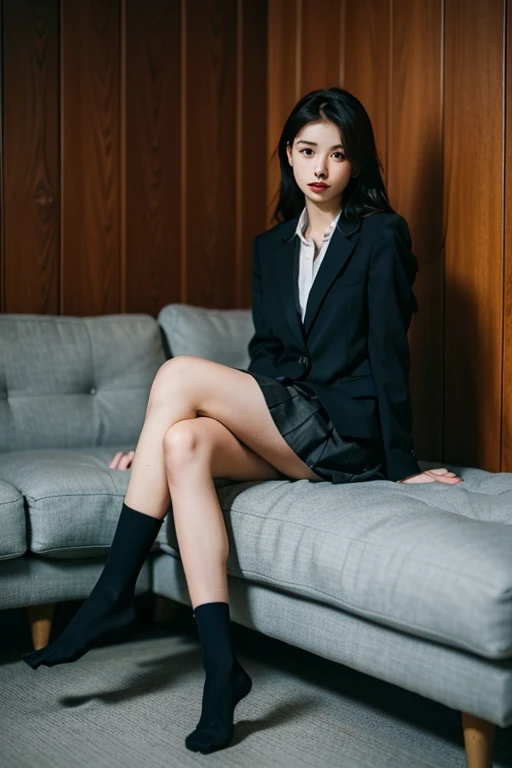 1 girl,Sit on a comfortable sofa,legs crossed,soft light,18 year old high school girl,Wear it with a navy blue skirt or blazer,Short black socks,best quality,The details on the eyes and face are very nice.,4K。