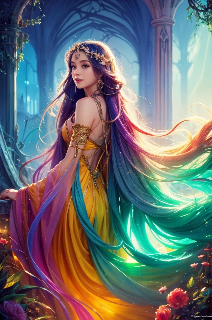 long flowing hair, vibrant colors, dreamlike scenery, soft lighting, fantasy atmosphere, enchanting expression