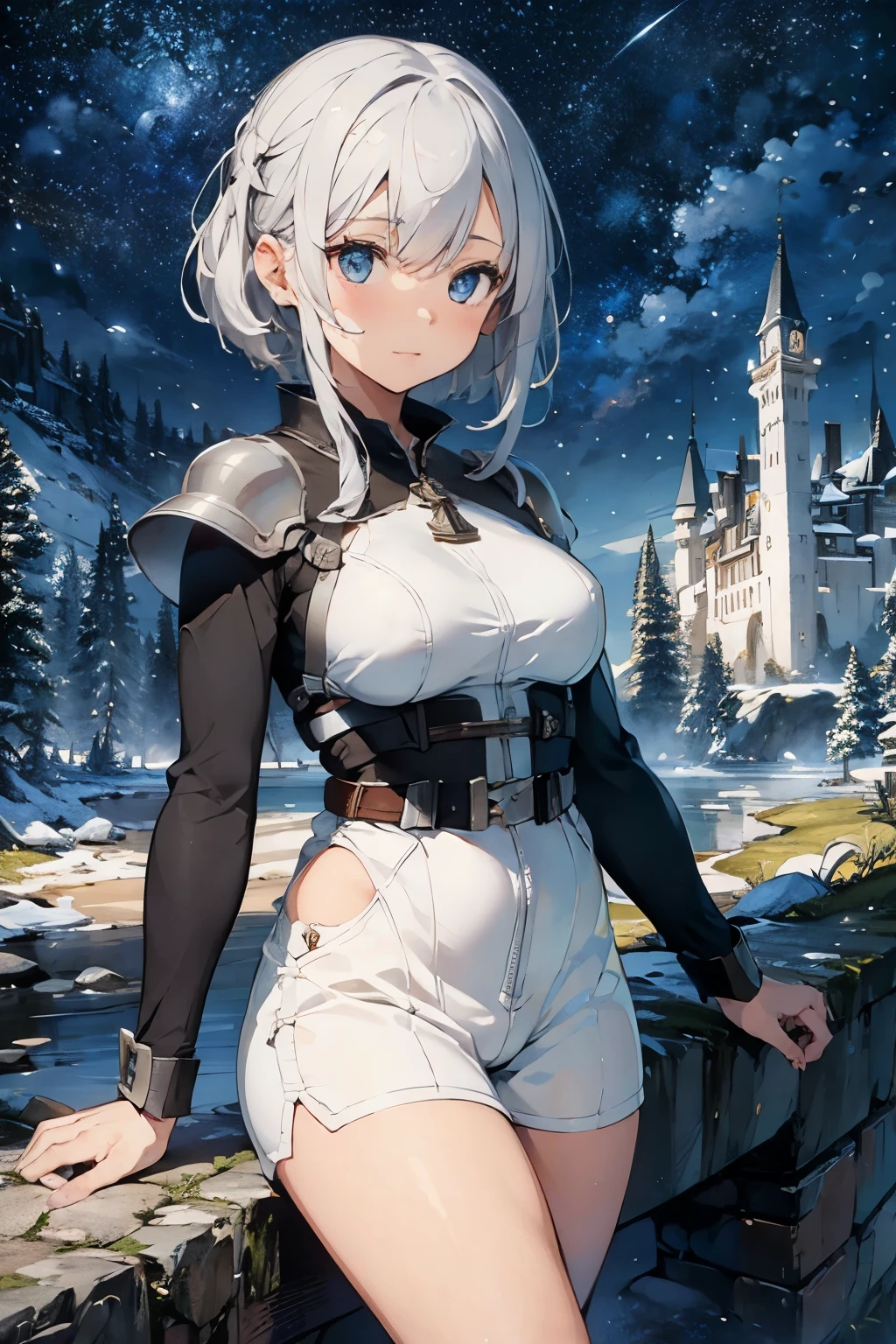 (((masterpiece))), (((best quality))), ((ultra-detailed)), (cinematic lighting), (illustration), (beautiful detailed eyes), (1girl), full body, space, knight, armour, light hair, walking, castle in distance, best quality, expressive eyes, perfect face, Girl: (20s, white hair, short hair, grey jumpsuit, blue and silver armour),