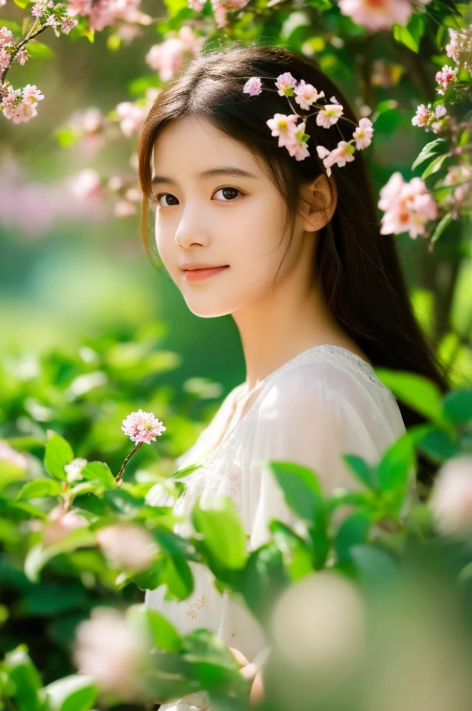 (best quality,highres,masterpiece:1.2),ultra-detailed,portraits,anime,girl in a garden,greenery,beautiful detailed eyes,beautiful detailed lips,soft hair,gentle smile,vibrant colors,warm sunlight,dew drops on leaves,fluttering butterflies,whimsical flowers,fantasy atmosphere,dappled shadows,mystical aura,light and airy,emerald hues,faint scent of flowers,breeze rustling through branches,peaceful and serene,harmony between nature and the girl.