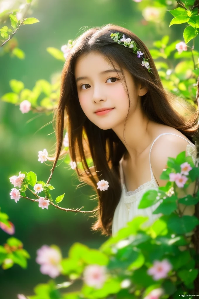 (best quality,highres,masterpiece:1.2),ultra-detailed,portraits,anime,girl in a garden,greenery,beautiful detailed eyes,beautiful detailed lips,soft hair,gentle smile,vibrant colors,warm sunlight,dew drops on leaves,fluttering butterflies,whimsical flowers,fantasy atmosphere,dappled shadows,mystical aura,light and airy,emerald hues,faint scent of flowers,breeze rustling through branches,peaceful and serene,harmony between nature and the girl.