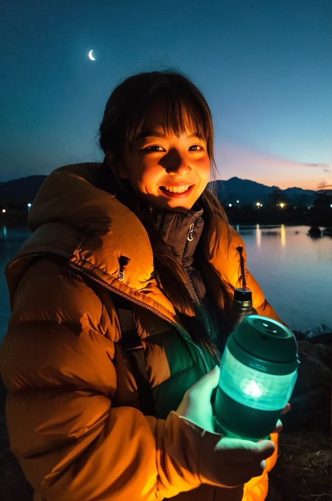 1 female((Upper body selfie, Happy)), masterpiece, highest quality, super detailed, alone, outdoor, (night), Mountain, nature, (performer, moon) Hilarious, Happy, Backpack, sleeping bag, Camping stove, Water bottle, mountain boots, gloves, sweater, have, flashlight, forest, rock, river, wood, cigarette, Shadow, contrast, sunny, analog style (look at the audience:1.2) (skin texture) (film grain:1.3), (warm shades, warm tones)