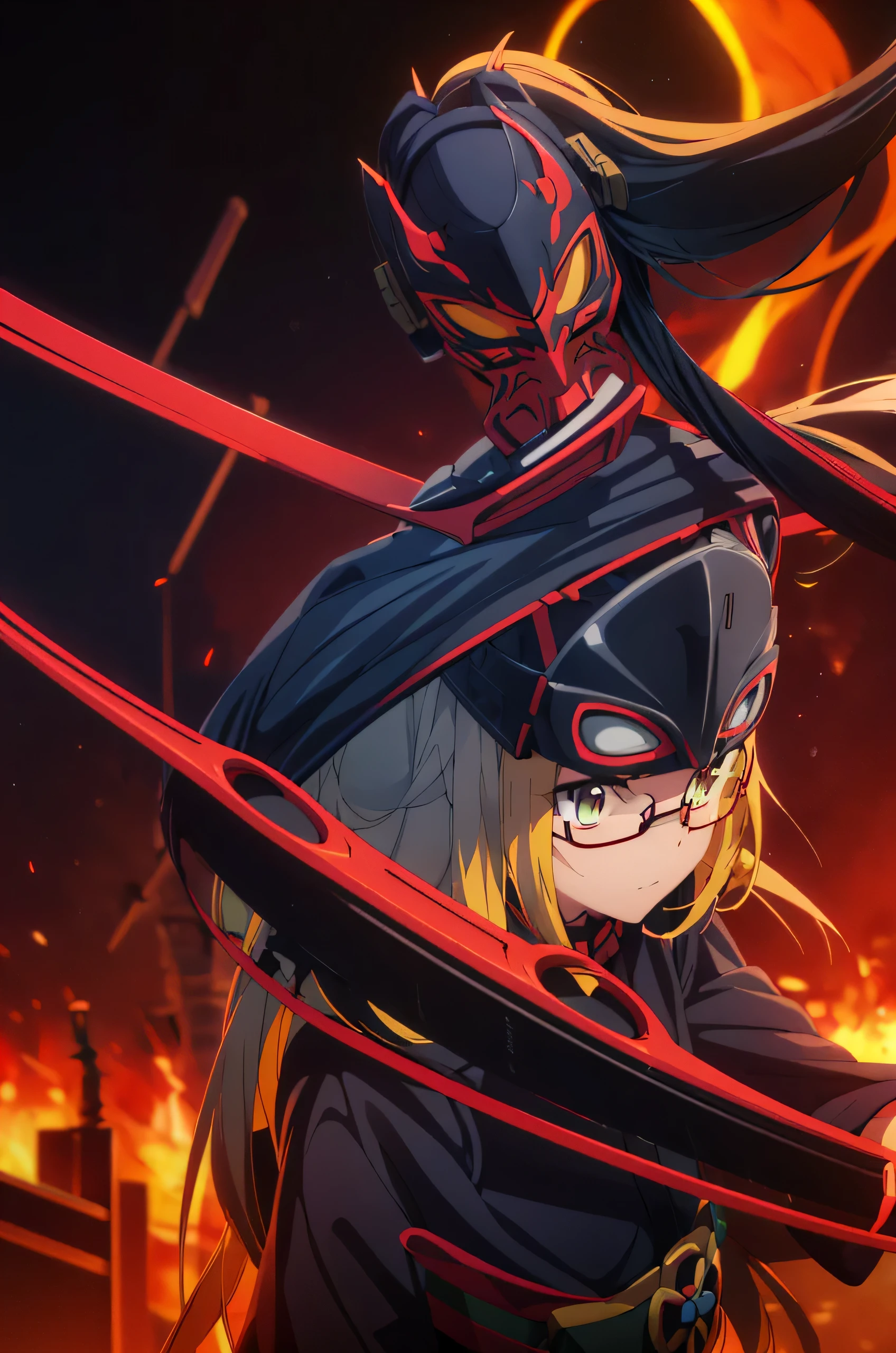 Anime girl, long blonde hair, black Glasses, Nerd, mask covering her entire face, metal mask, black and red mask, two points up, two metal swords, futuristic katanas, red kimono, kimono with yellow details, fire, magic, trail of attacks, Mechas in the background