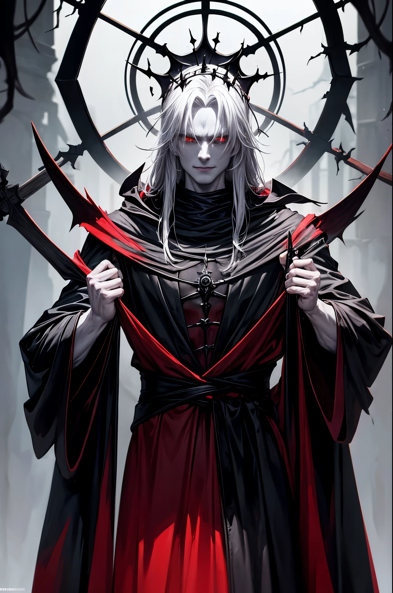 pale skin, black long chiseled face, muscular, dressed in a black robe, Spooky like, , red eyes, proud smirk, Manliness, Haunted, Gothic, Wearing a crown of thorns, large and muscular, Staring at the camera, messy hair, smile arrogantly