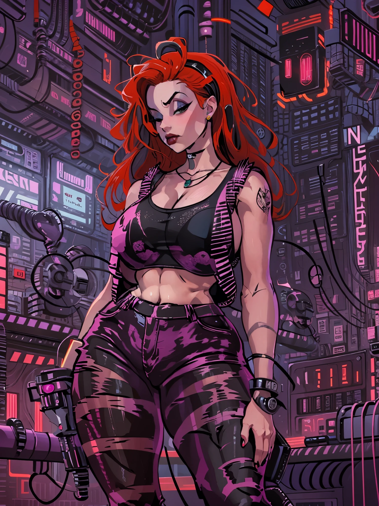 a woman with red hair wearing a black top and plaid pants, cyberpunk art, gothic art, aesthetic cute with flutter, toon aesthetic, wearing red attire, wearing gothic accessories, ((curvy body))