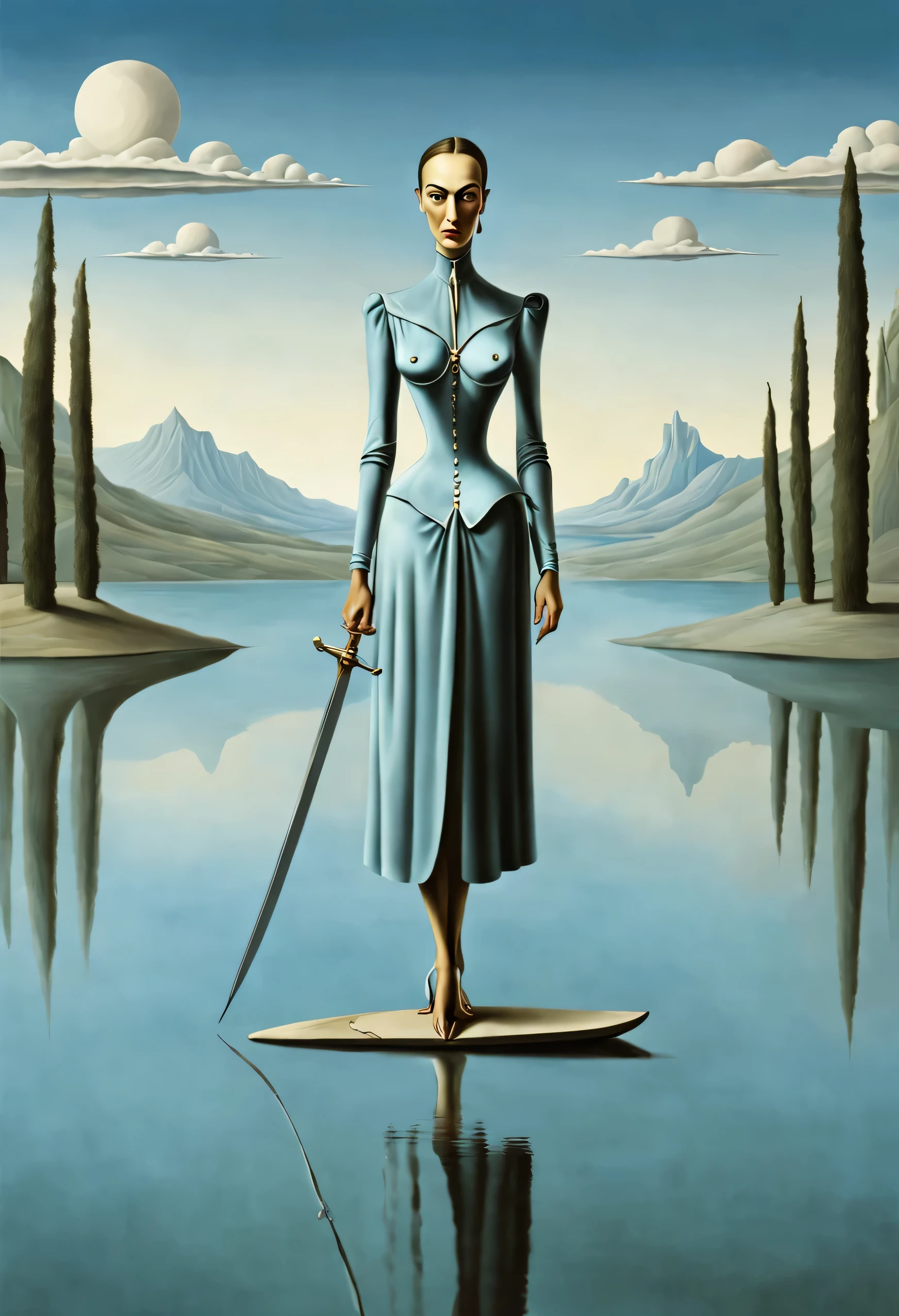 mulher emergindo de um lago com uma espada, estilo surrealista, obra de arte surrealista, Sonhe como, salvador dali, Highly detailed René Magritte, obra de arte, High definition