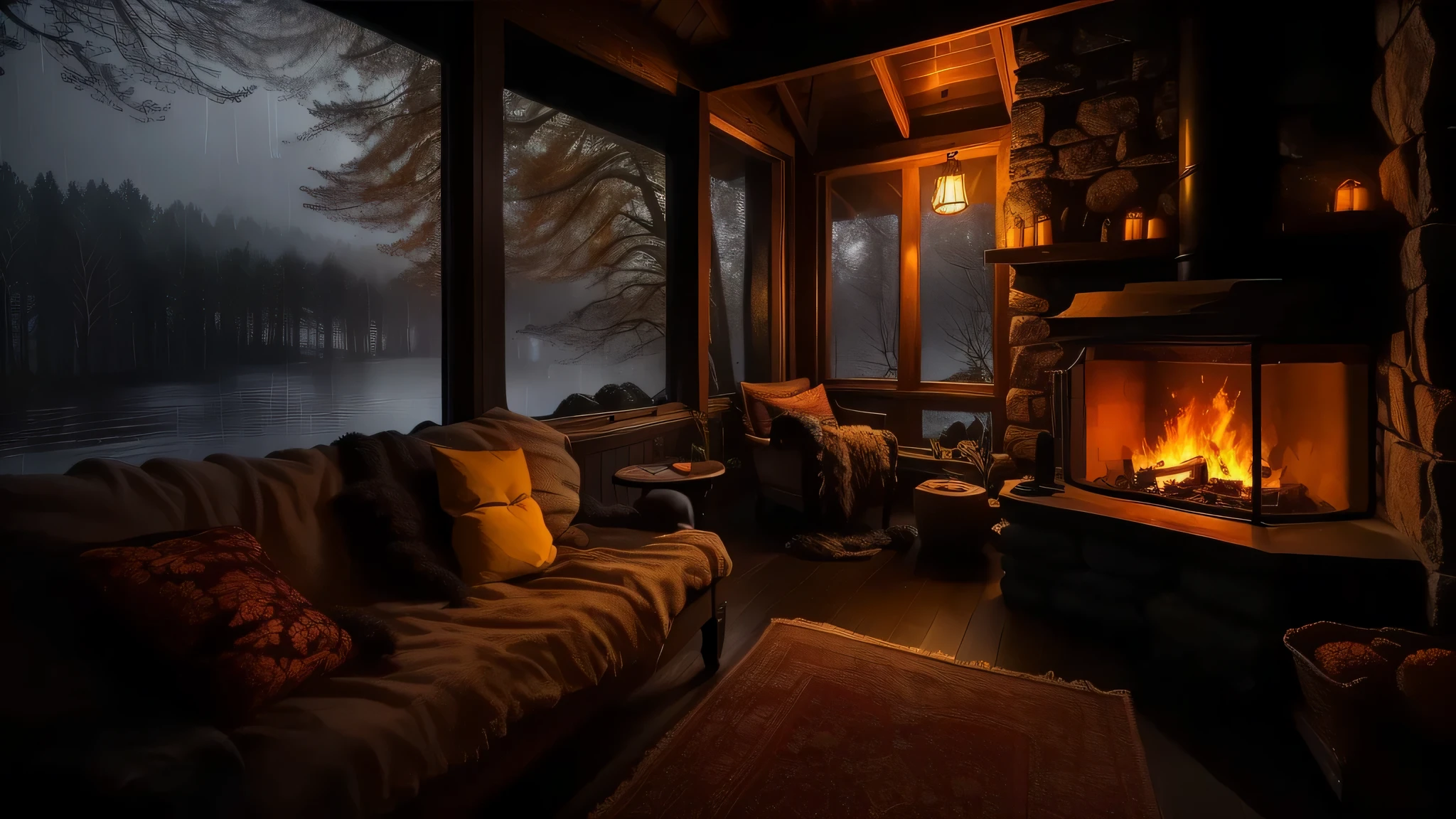 Bedroom view with a fire in the fireplace, lake view, huge windows facing the forest, peaceful night. A realistic depiction of a rainy day. Original rendering, rainy night, dark cinematic lighting, and mood. Digital paintings, fantastical settings, melancholy cartoons, and dramatic lighting. Conceptual art, moody pictures, and dismal weather. Hyperrealistic, atmospheric rendering, rainy night, large woodland, ambient and sandy textures, stunning and dramatic lighting, rainforest