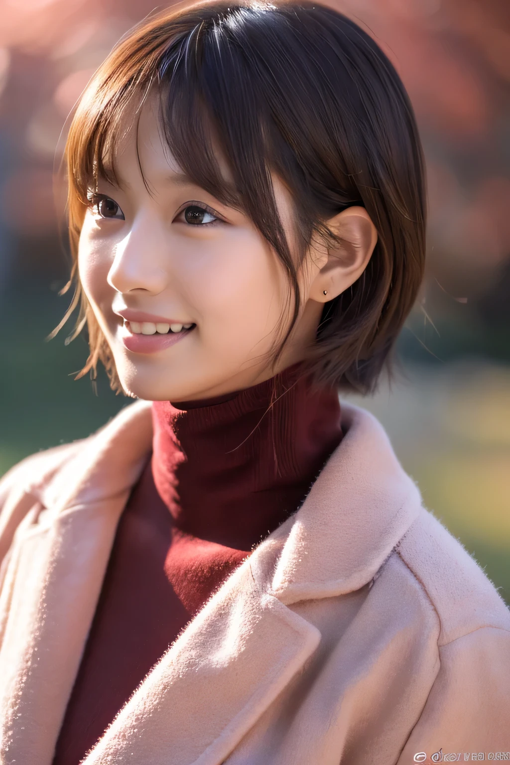 1 girl, (Red Turtleneck, Wearing a pink coat:1.2), (RAW photo, highest quality), (realistic, Photoreal:1.4), table top, very delicate and beautiful, very detailed, 2k wallpaper, wonderful, finely, very detailed CG Unity 8K 壁紙, Super detailed, High resolution, soft light, beautiful detailed girl, very detailed目と顔, beautifully detailed nose, beautiful and detailed eyes, short hair, cinematic lighting, winter scenery, perfect anatomy, slender body, Smiling INFO