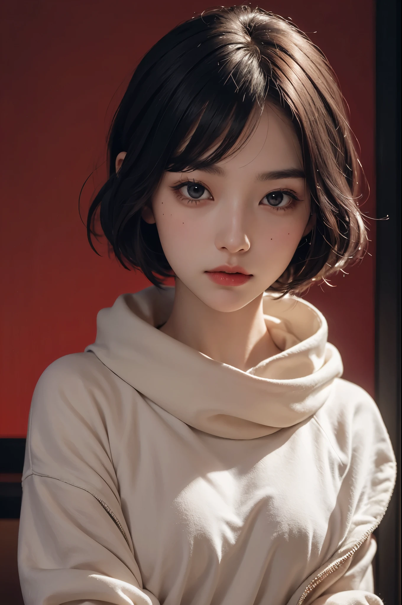 beautiful girl photos, woman with perfect short hair, bob hairstyle, wear (Black sweatshirt:1.1), ((Double kawaii:1.1)), (plain red background:1.1), (happy:1.2), Model shooting style, (Extremely detailed CG unified 8k wallpaper), Professional majestic (Photography by Tim Walker:1.1), (Canon EOS M6 Mark II mirrorless camera), 24mm, exposure blending, human development report, faded, extremely complex, High (detail:1.1), sharp focus, dramatic, Soft movie lighting, (Upper body), (looking at the audience), (detailed student), 24mm, 4k texture, soft light, Adobe lamp room, photography studio, elegant, ((((like appearance)))), soothing tone, 疯狂的detail, Super detailed, low contrast