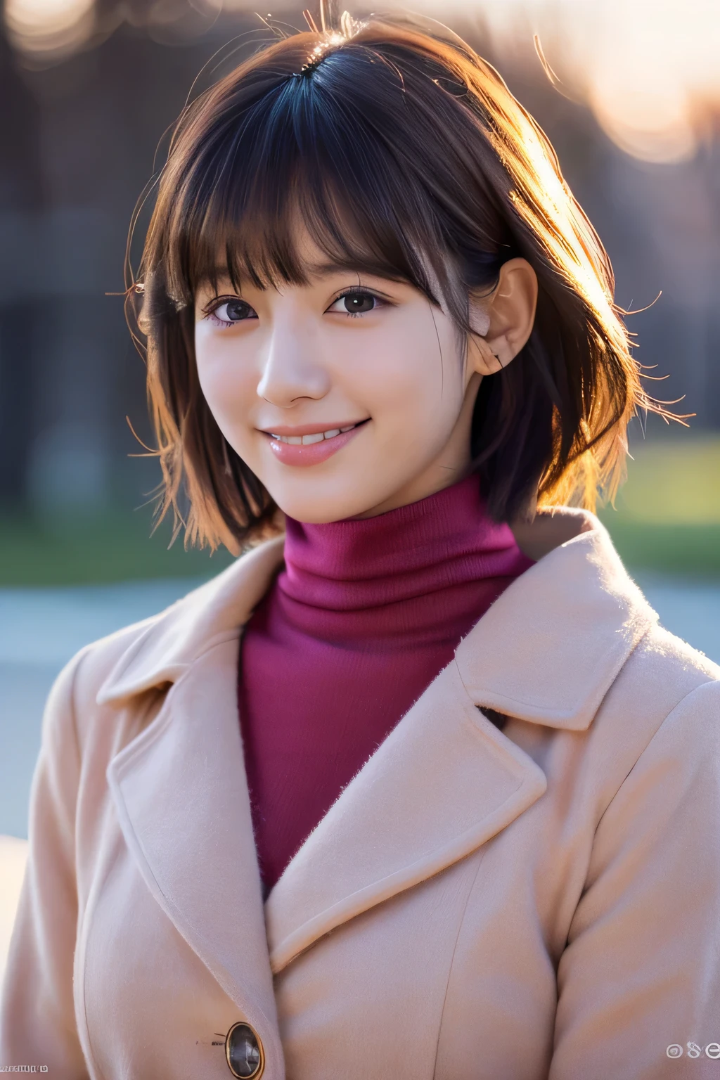 1 girl, (Red Turtleneck, Wearing a pink coat:1.2), (RAW photo, highest quality), (realistic, Photoreal:1.4), table top, very delicate and beautiful, very detailed, 2k wallpaper, wonderful, finely, very detailed CG Unity 8K 壁紙, Super detailed, High resolution, soft light, beautiful detailed girl, very detailed目と顔, beautifully detailed nose, beautiful and detailed eyes, short hair, cinematic lighting, winter scenery, perfect anatomy, slender body, Smiling INFO