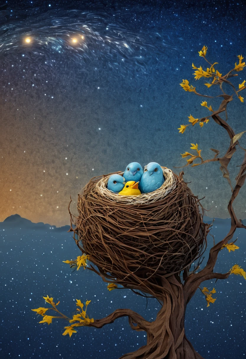 a newborn bird, the bird is abnormally fat and the nest is located in a bonsai, the nest breaks due to the weight of the chick and the chick falls, in a pot, surreal, funny, comic, starry sky, zentangle, origami, cinematic, emotional, epic, vincent van gogh,....by my self...lol