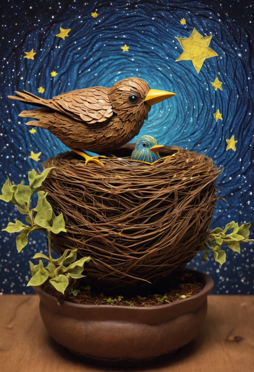 a  bird, the bird is abnormally fat and the nest is located in a bonsai, the nest breaks due to the weight of the chick and the chick falls, in a pot, surreal, funny, comic, starry sky, zentangle, origami, cinematic, emotional, epic, vincent van gogh,....by my self...lol