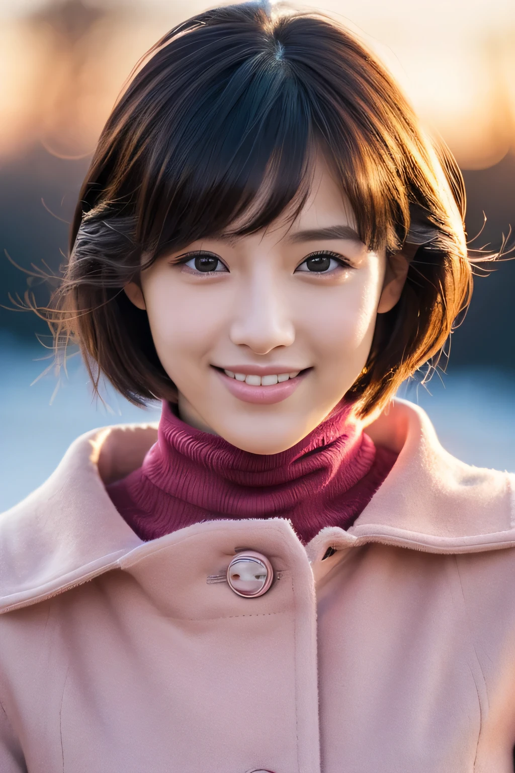 1 girl, (Red Turtleneck, Wearing a pink coat:1.2), (RAW photo, highest quality), (realistic, Photoreal:1.4), table top, very delicate and beautiful, very detailed, 2k wallpaper, wonderful, finely, very detailed CG Unity 8K 壁紙, Super detailed, High resolution, soft light, beautiful detailed girl, very detailed目と顔, beautifully detailed nose, beautiful and detailed eyes, short hair, cinematic lighting, winter scenery, perfect anatomy, slender body, Smiling INFO