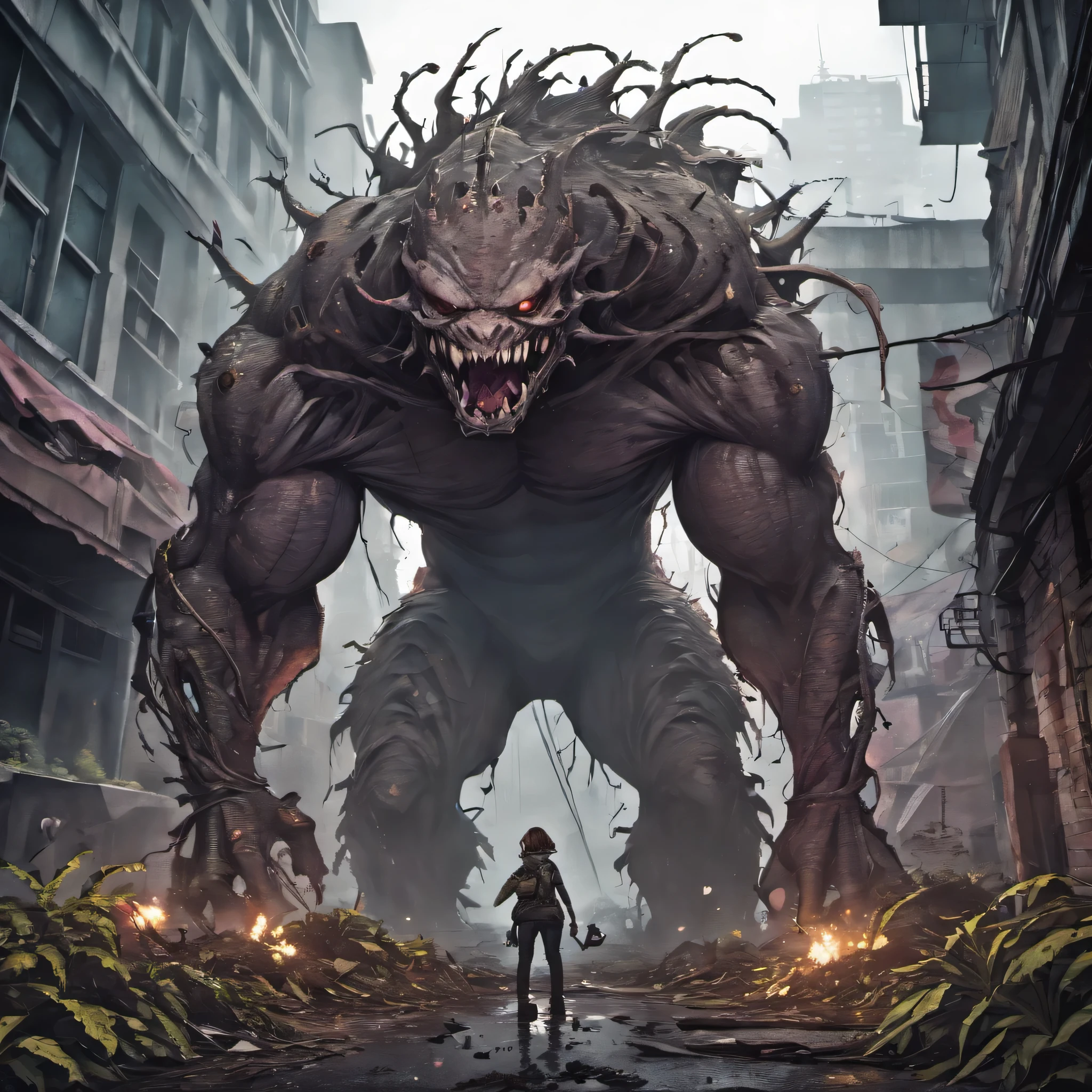 A giant monster with a lizard-like body, The leaves are leafy,There are plant spines and leaves, Spit acid on the floor,Devastated city,last of us:1.05, ultra - detailed,Huge size,Destructive, Sinister existence,Fierce expression,Strong gaze,Defaced buildings,Destroyed vehicles,The destroyed infrastructure was flooded with vegetation, plants and flowers ,dark and gloomy atmosphere,Smoke and debris fill the air,epic battle scene,Humanity fled in fear,Twisted metal and broken concrete,Desolate streets,Foggy silhouette of a monster,apocalyptic scenery,Surreal lighting,Ominous clouds,Rotting leaves,Ominous Shadows,pastel colour,The texture of a decaying structure,Post-apocalyptic monsters, There is no anime style