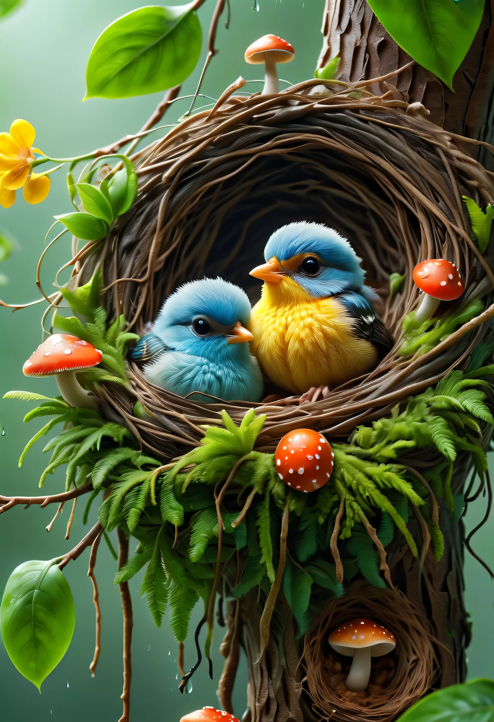 （best quality，4K，8k，high-rise，masterpiece：1.2），super detailed，lifelike，clear focus，human development report，ultra high definition，studio lighting，main，spring，Beautiful nest in the rainforest，Beautifully woven bird&#39;lair，bird&#39;lair on tree branch：1.37，（（colorful  bird）），3 cute babyds at home，rain，Colorful little mushrooms