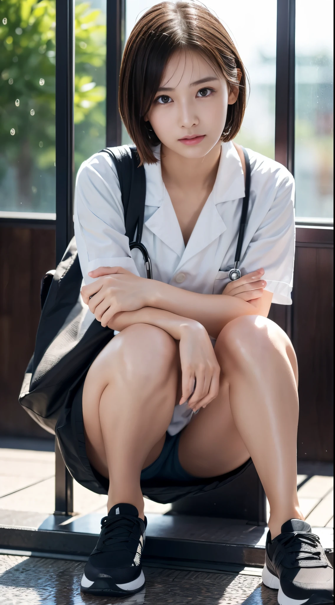 Photorealistic beautiful female student、18-year-old、expensive、amazingly beautiful、beautiful body、(highest quality、8K、32K、masterpiece、nffsw:1.3)、ultra high resolution,(Photoreal:1.4),RAW photo, detailed face,,beautiful hair, ((Doctor Style)), ,very short hair 、nipple、 natural makeup,, small perfect breasts, wet hair、sweating after bathing、detailed background, perfect lighting, written boundary depth, beautiful shadow gradation、thin limbs、thin thighs、(whole body)、、I can see your butt、no pubic hair、((Japanese high school uniform))、wet body、Inside the commuter bus、Standing in the bus、black shoes、Put your school bag on your shoulder