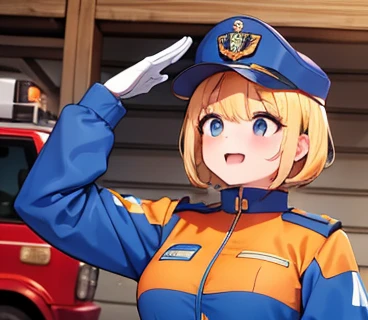 blonde hair , in garage , faced the front, arafed woman in (blue and orange uniform )saluting for a fire truck,