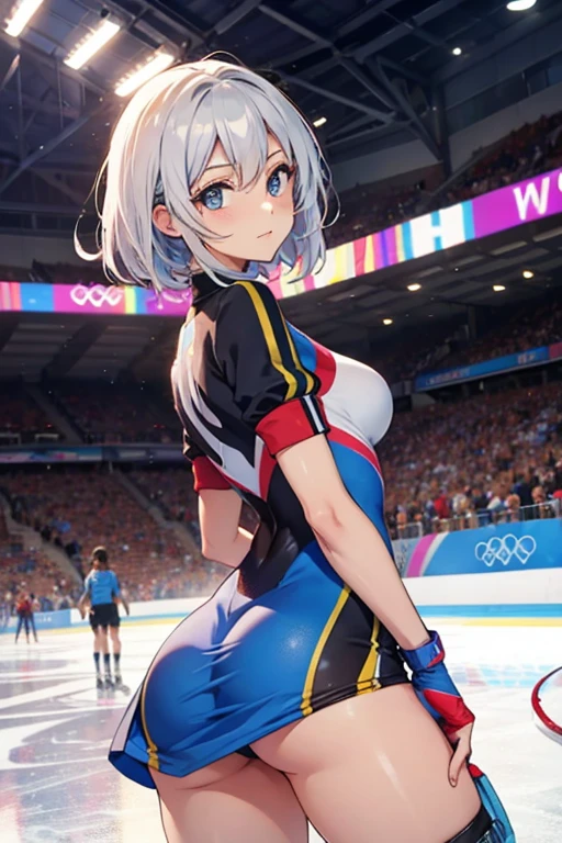 speed skating、arena、beautiful mature woman、Slipping、Thigh emphasis、Upper body、Olympic Games