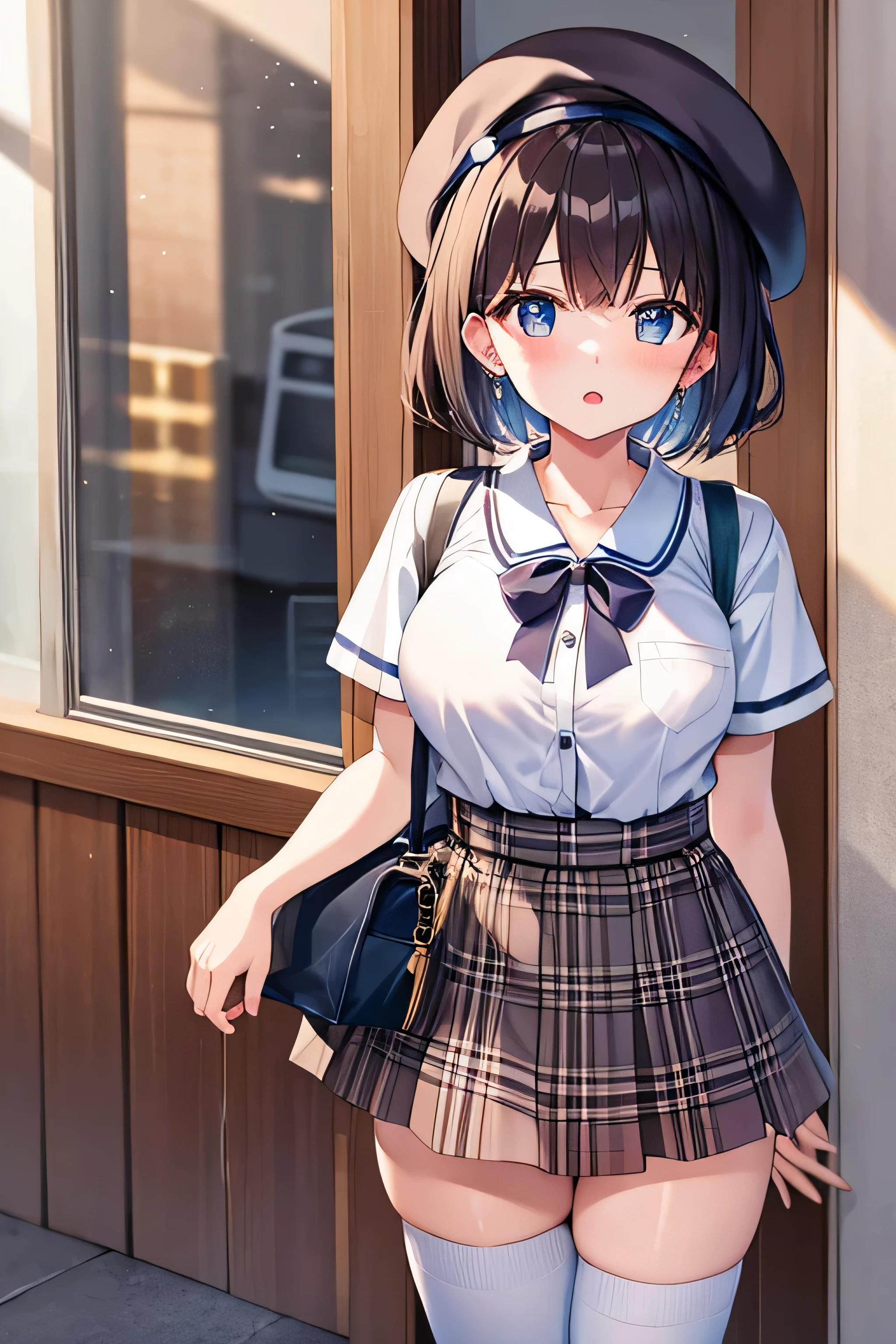masterpiece、Highest image quality、ultra high resolution、big breasted girl、short hair、red face、shyly、mock、Please open your mouth just a little、short sleeve casual clothes、Casual mini skirt for elementary school socks for elementary school girls、Beret for girls、Skyscraper、outdoor