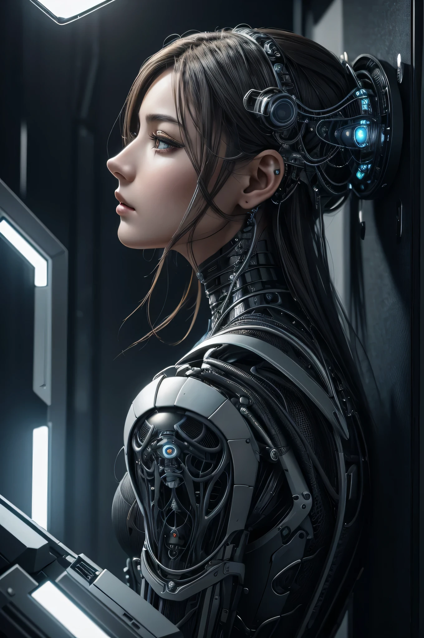 8K,A sophisticated 3D rendering of a super detailed beautiful porcelain profile of a young male android#39;s face, cyborgs, Robot Details, 150mm, Beautiful studio soft lights, side lights, Vivid details, luxuriouscyberpunk, Lace, A hyper-realistic, Anatomical, face muscles, electric wires, microchips, Elegant, beatiful backgrounds, octane, Style H. r. giger, 8K, top-quality, tmasterpiece, illustartion, extremely delicate and beautiful, Extremely detailed, computer graphics, unit, wall-, unbelievable, Fine details, tmasterpiece, top-quality, official arts, Highly detailed 8K computer graphics wallpaper, 机器人, silver garme, ((full bodyesbian)), sitted,youth