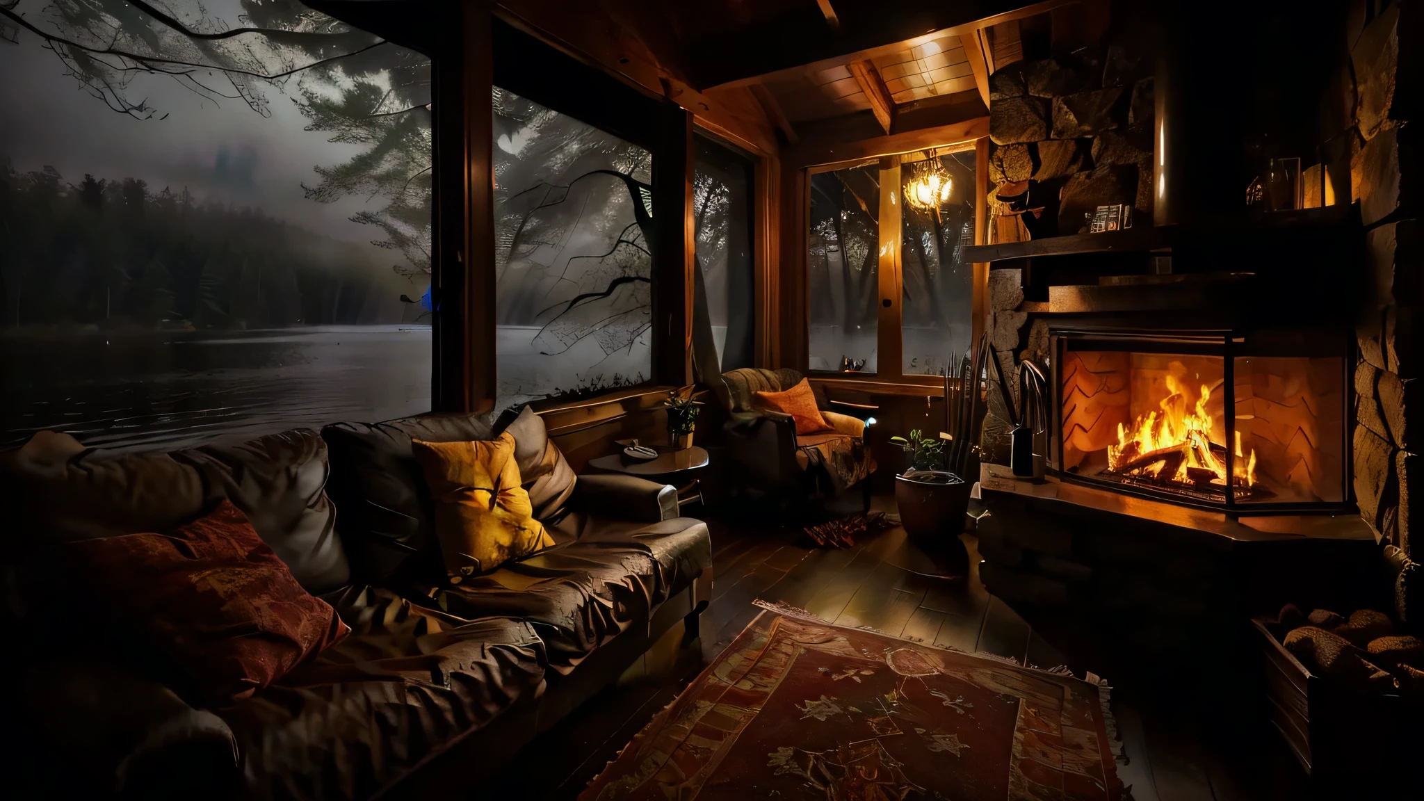 Arafed living room with a fireplace and a couch and a rug - SeaArt AI