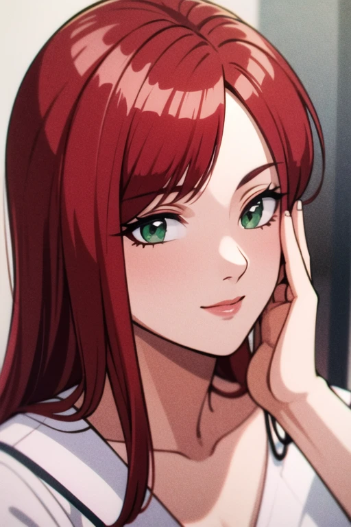 ((best quality)), ((masterpiece)), (detailed), perfect face, woman wearing office clothes, red hair, long hair, green eyes,