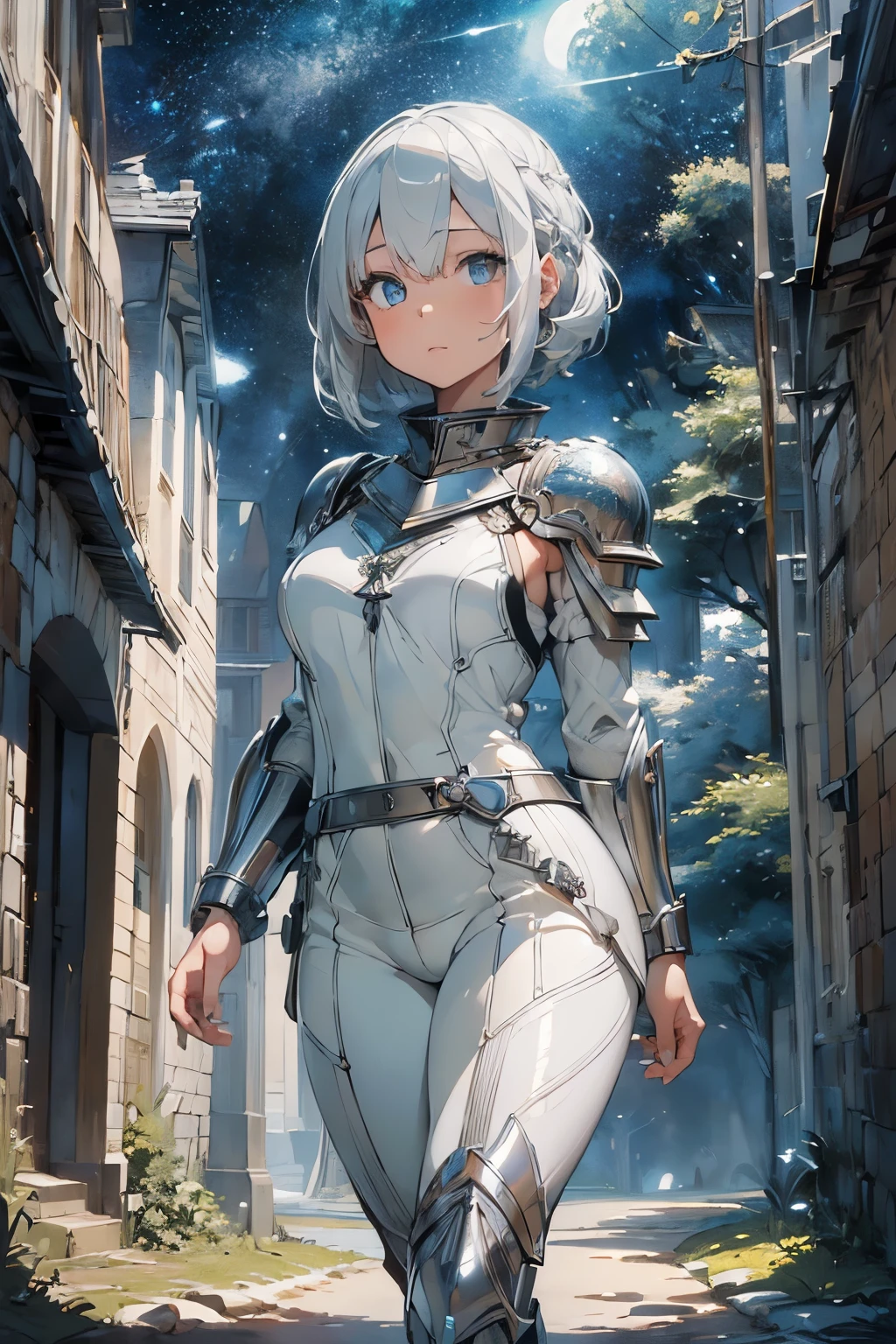 (((masterpiece))), (((best quality))), ((ultra-detailed)), (cinematic lighting), (illustration), (beautiful detailed eyes), (1girl), full body, space, knight, armour, light hair, walking, castle in distance, best quality, expressive eyes, perfect face, Girl: (20s, white hair, short hair, grey jumpsuit, blue and silver armour),