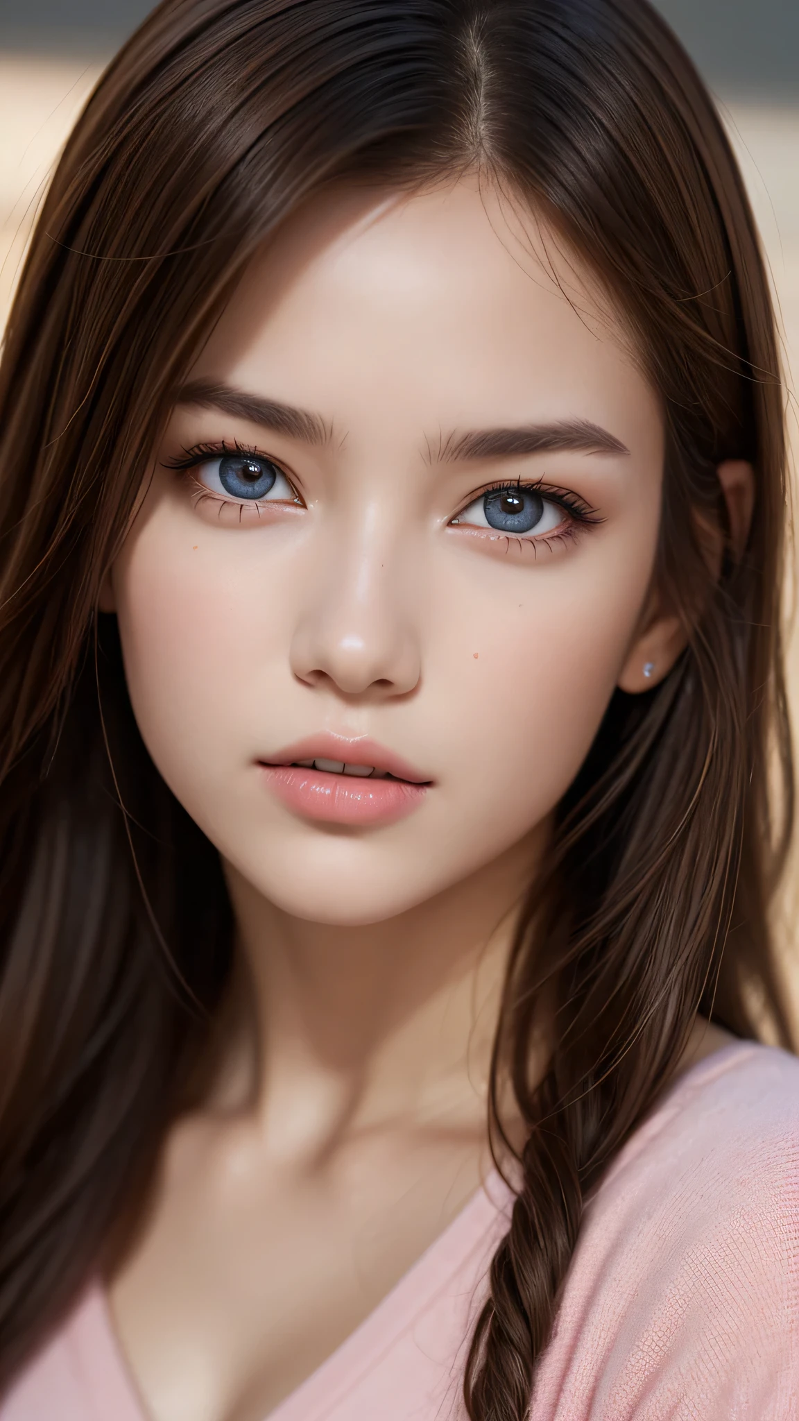 (1girl), ((Best Quality)), (Ultra-detailed), (extremely detailed CG unified 8k wallpaper), Highly detailed, High-definition raw color photos, Professional Photography, Peanut butter brown hair, Amazing face and eyes, Pink eyes, (amazingly beautiful girl), School, 