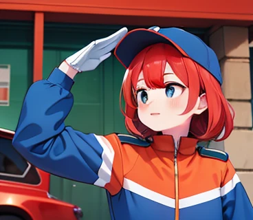 red hair , in garage , faced the front, arafed woman in (blue and orange uniform )saluting for a fire truck,