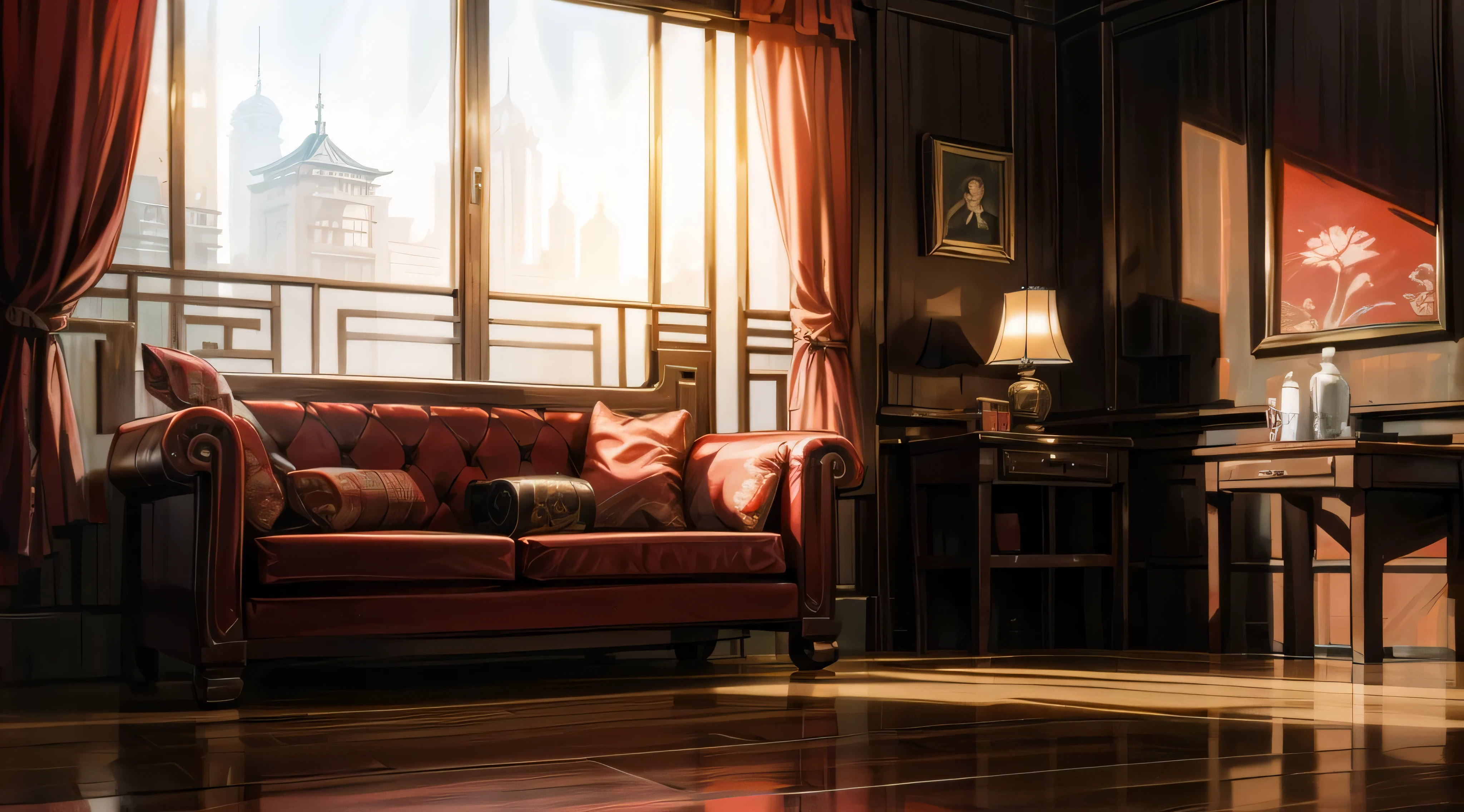 Shanghai Bund Old Shanghai Paramount Gorgeous Classical Decoration Chinese Classical Red White Black Quiet Afternoon Indoor Dining Table Sofa Floor Lamp Flowers Roses Ancient Style Decoration Mafia No One Portrait Pure Indoor No One Floor-to-ceiling Window Scenery, sunset is so nice