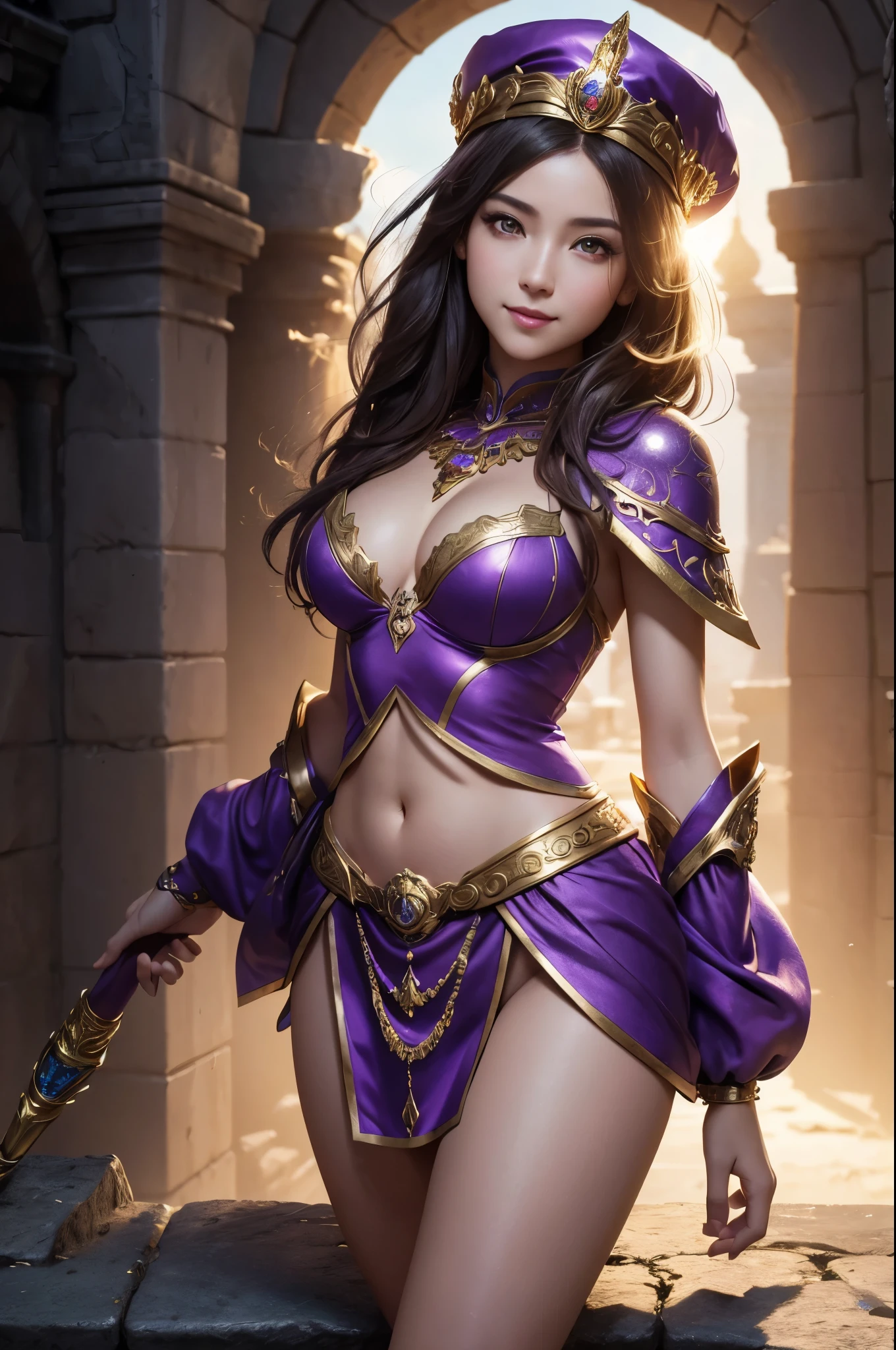 8K,goddess with very small breasts,Goddess and wizard wearing purple sexy costumes'hat with magic wand, very beautiful eyes,golden eyes,Light Purple Short Bob Hair,purple and gold skirt,Goddess with very small breasts,rugged appearance,Highly detailed ArtGerm, up to the model | types of bacteria, Style types of bacteria, art germ style, fan art best art station, ! Dream types of bacteria, very warm, concept art | types of bacteria, Kushart Krenz Key Art Feminine,Super high resolution,Super realisticな肌,cute,fantasy art,character art,outside the big temple,wizard hat(golden decoration),rich colors, Backlight, cinematic lighting, film grain, born, 50mm lens, Nikon D850,ultra high resolution,Super realistic,Makeup,Close-up,smile,sexy pose,view audience,perspective from above,