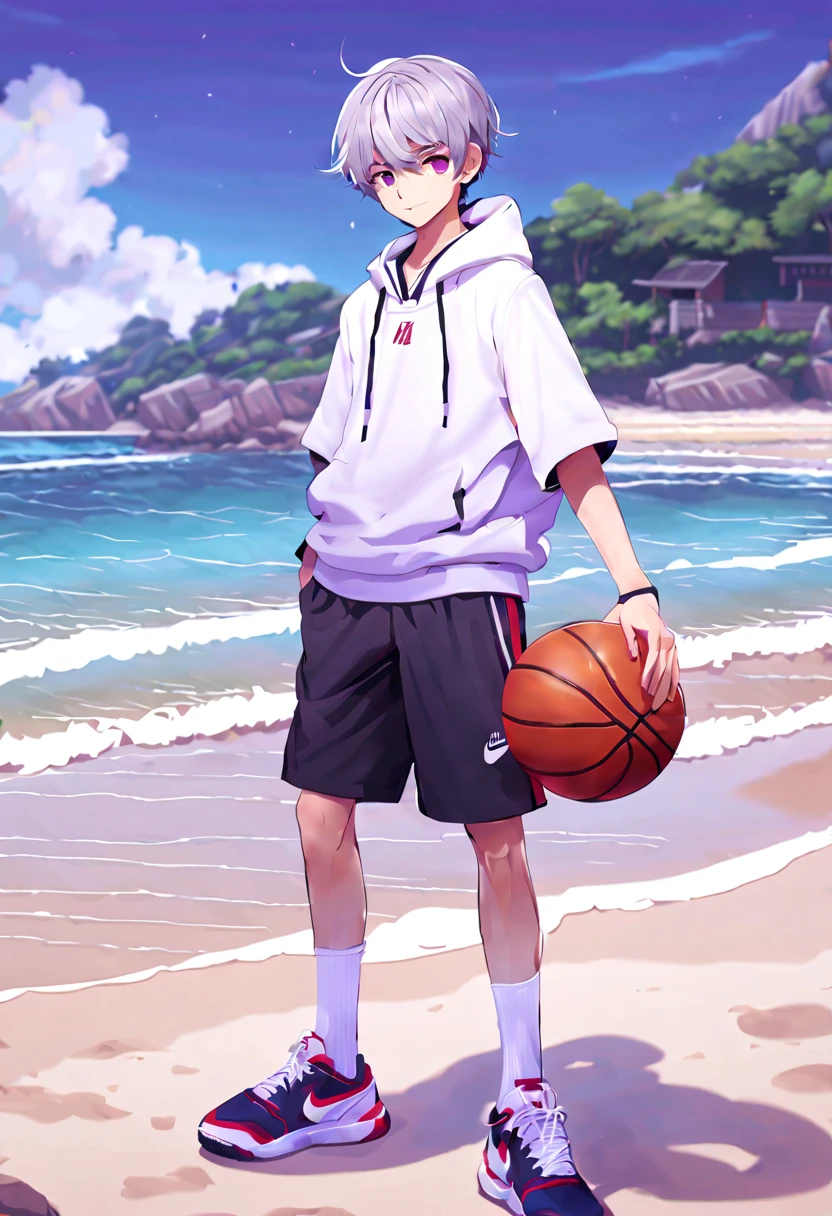 masterpiece,best quality,4k quality,full body character, Delicate face,
a boy,sports student,Handsome boy,cute,,anime characters,purple eyes,smirk,Male focus is prominent,Gray hair is messy,Upper body black Nike hoodie,Wear white three-quarter shorts,standing posture,Large crotch,Holding a basketball with both hands,white socks,Face clear on beach background