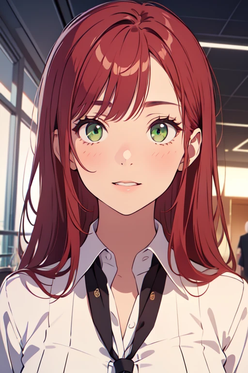 ((best quality)), ((masterpiece)), (detailed), perfect face, woman wearing office clothes, red hair, long hair, green eyes,
