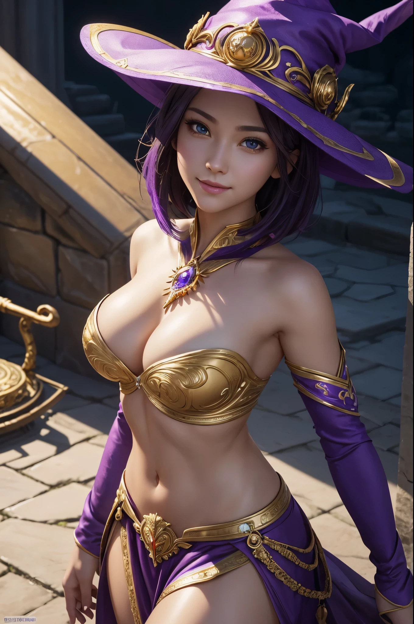 8K,goddess with very small breasts,Goddess and wizard wearing purple sexy costumes'hat with magic wand, very beautiful eyes,golden eyes,Light Purple Short Bob Hair,purple and gold skirt,Goddess with very small breasts,rugged appearance,Highly detailed ArtGerm, up to the model | types of bacteria, Style types of bacteria, art germ style, fan art best art station, ! Dream types of bacteria, very warm, concept art | types of bacteria, Kushart Krenz Key Art Feminine,Super high resolution,Super realisticな肌,cute,fantasy art,character art,outside the big temple,wizard hat(golden decoration),rich colors, Backlight, cinematic lighting, film grain, born, 50mm lens, Nikon D850,ultra high resolution,Super realistic,Makeup,Close-up,smile,sexy pose,view audience,perspective from above,