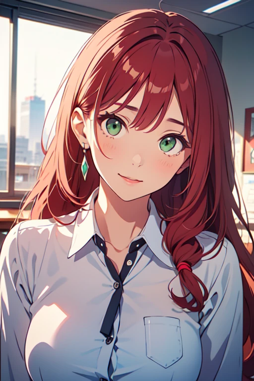 ((best quality)), ((masterpiece)), (detailed), perfect face, woman wearing office clothes, red hair, long hair, green eyes,