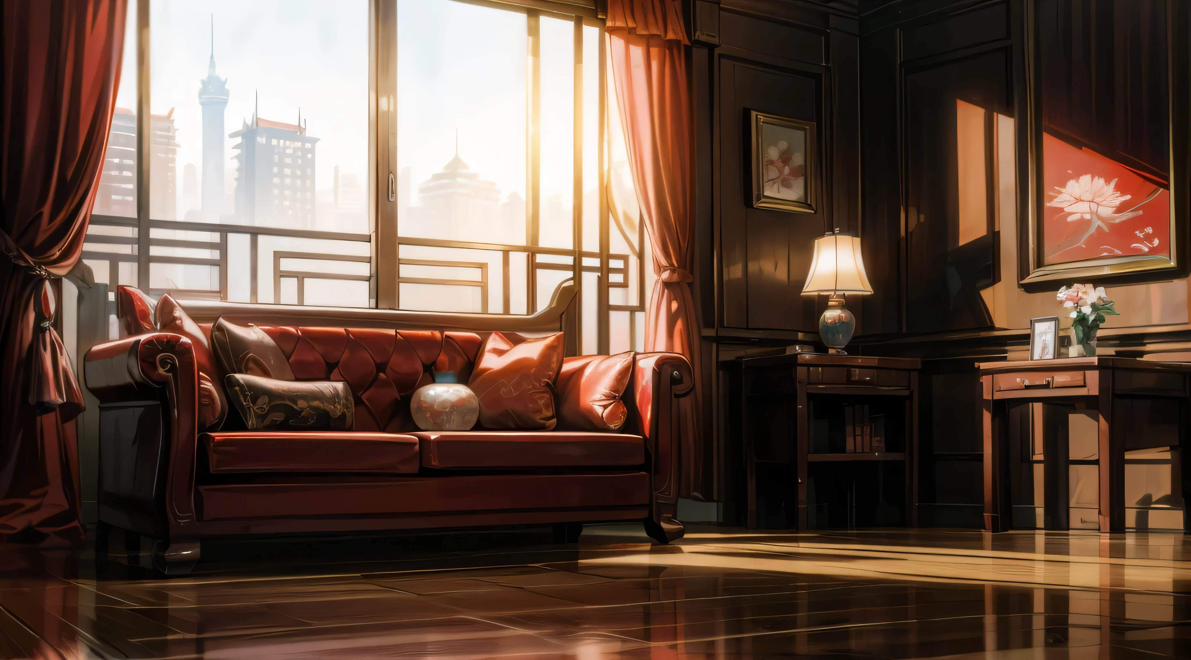 Shanghai Bund Old Shanghai Paramount Gorgeous Classical Decoration Chinese Classical Red White Black Quiet Afternoon Indoor Dining Table Sofa Floor Lamp Flowers Roses Ancient Style Decoration Mafia No One Portrait Pure Indoor No One Floor-to-ceiling Window Scenery, sunset is so nice