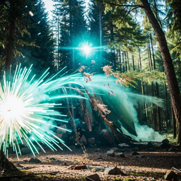 Crystal jade,explosion,Self-detonation,crystal fragments scatter,trees,
