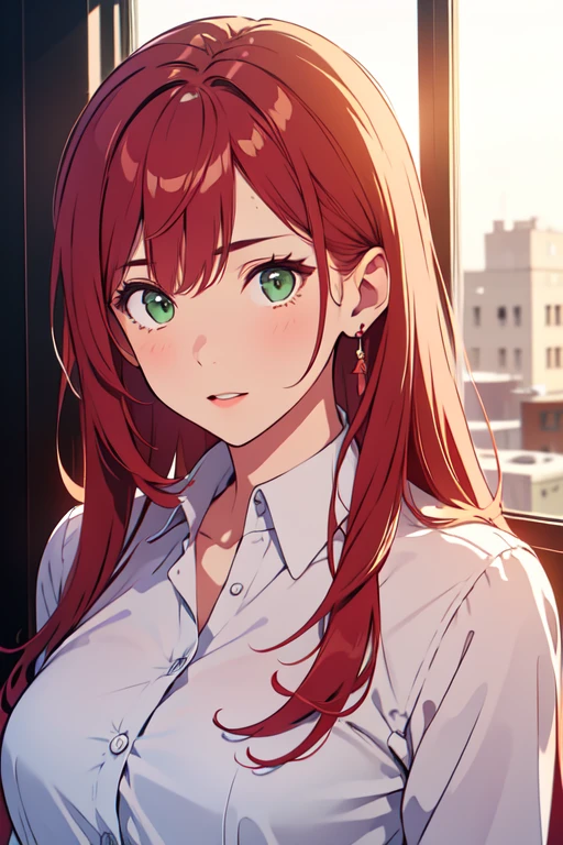 ((best quality)), ((masterpiece)), (detailed), perfect face, woman wearing office clothes, red hair, long hair, green eyes,