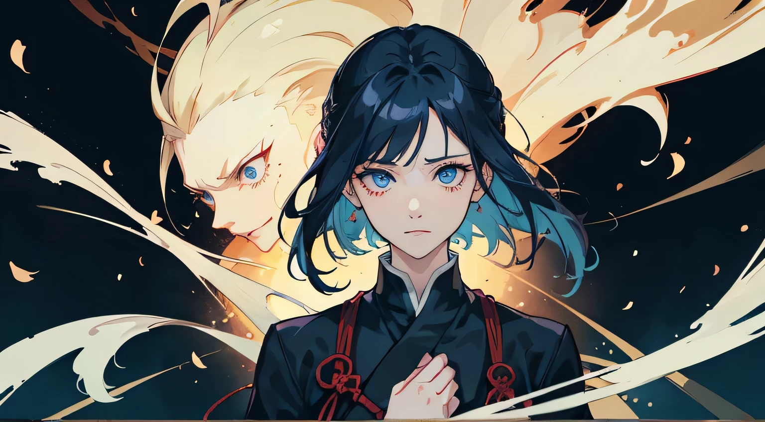 jujutsu kaisen anime screencap of a female with wavy navy blue hair and navy blue eyes. she is extremely beautiful and elegant-looking. she has almond-shaped eyes. She is wearing a jujutsu kaisen uniform. She has a small smile in her face and her eyes are glowing. dark atmosphere and menacing atmosphere. MAPPA animation studio screencap. jujutsu kaisen.