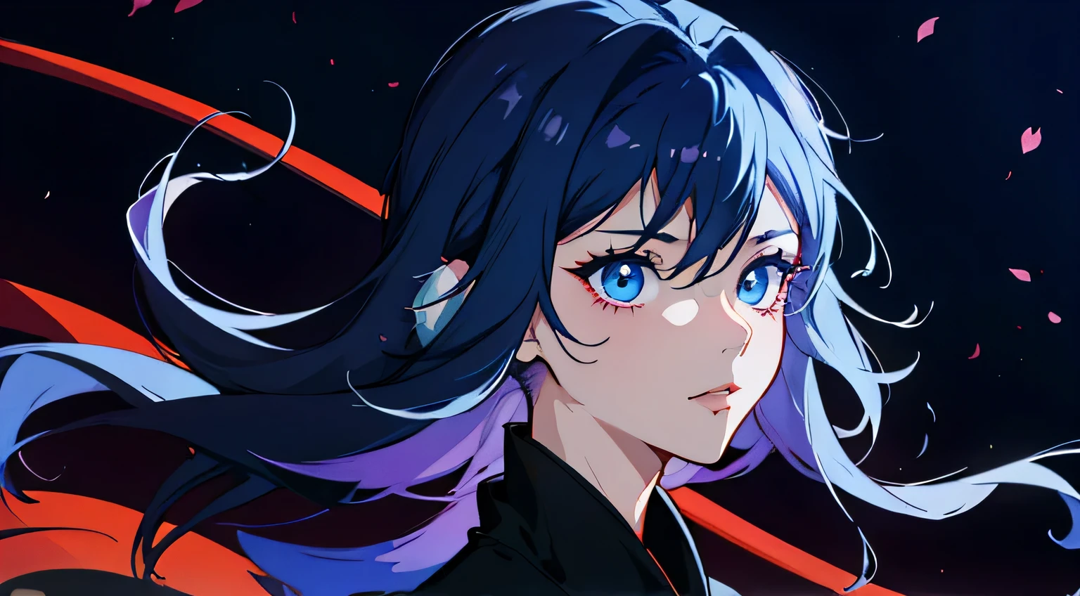 jujutsu kaisen anime screencap of a female with wavy navy blue hair and navy blue eyes. she is extremely beautiful and elegant-looking. she has almond-shaped eyes. She is wearing a jujutsu kaisen uniform. She has a small smile in her face and her eyes are glowing. dark atmosphere and menacing atmosphere. MAPPA animation studio screencap. jujutsu kaisen.
