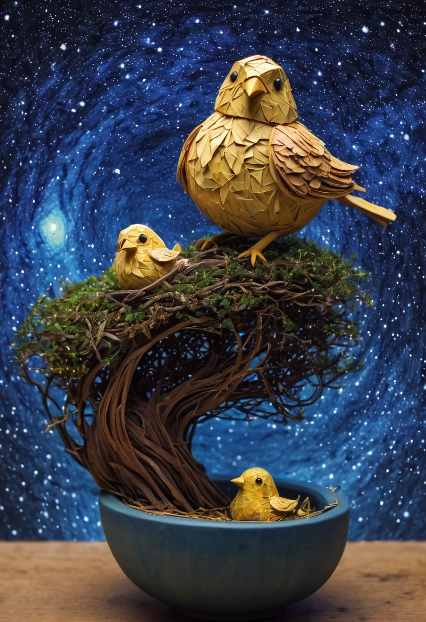 a  bird, the bird is abnormally fat and the nest is located in a bonsai, the nest breaks due to the weight of the chick and the chick falls, in a pot, surreal, funny, comic, starry sky, zentangle, origami, cinematic, emotional, epic, vincent van gogh,....by my self...lol